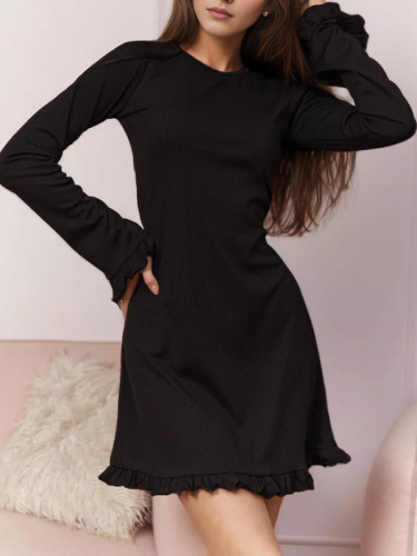 A-Line Flared Sleeves Ruffled Solid Color Round-Neck Mini Dresses