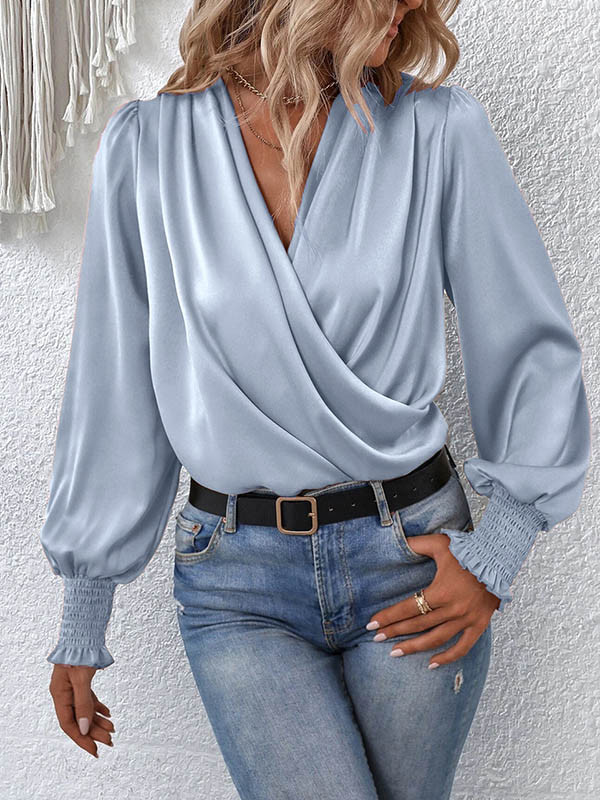 Long Sleeves Loose Elasticity Solid Color V-Neck Blouses&Shirts Tops