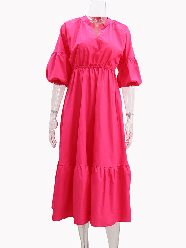 A-Line Half Sleeves Elasticity Pleated Solid Color V-Neck Midi Dresses