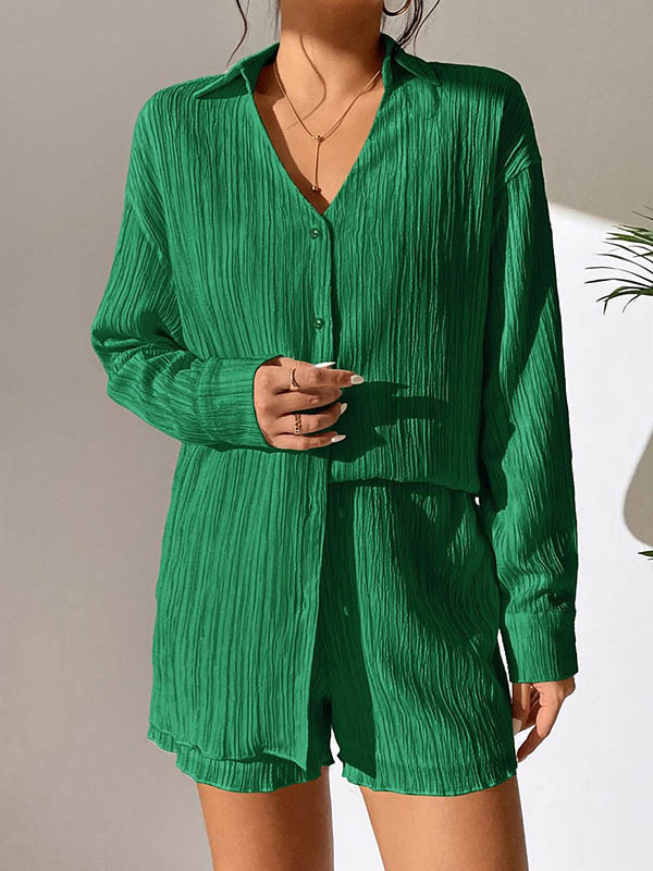 Long Sleeves Loose Buttoned Pleated Solid Color Lapel Shirts Top + Elasticity Shorts Bottom Two Pieces Set