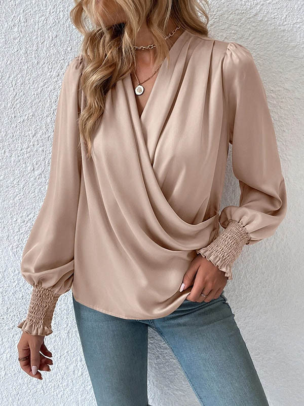 Long Sleeves Loose Elasticity Solid Color V-Neck Blouses&Shirts Tops