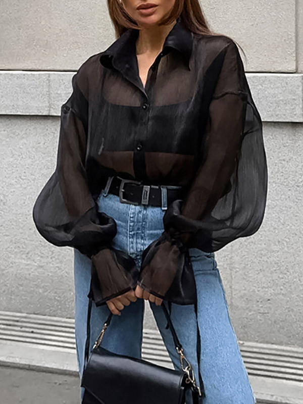 Long Sleeves Loose Buttoned See-Through Solid Color Lapel Blouses&Shirts Tops