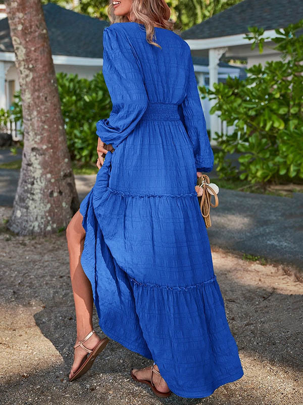 A-Line Long Sleeves Elasticity Solid Color Split-Joint V-Neck Maxi Dresses
