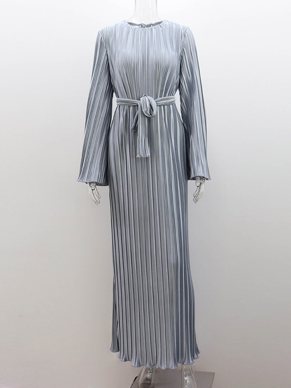 Flared Sleeves Long Sleeves Pleated Solid Color Round-Neck Maxi Dresses
