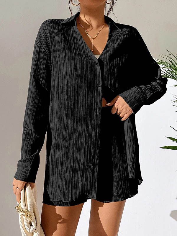 Long Sleeves Loose Buttoned Pleated Solid Color Lapel Shirts Top + Elasticity Shorts Bottom Two Pieces Set