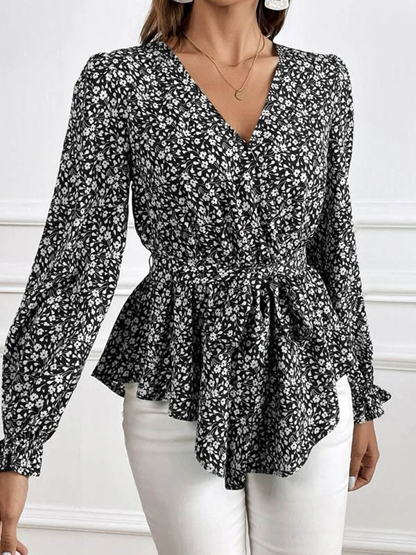 Flared Sleeves Long Sleeves Flower Print Tied Waist V-Neck Blouses&Shirts Tops