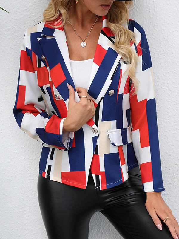 Long Sleeves Loose Buttoned Pockets Printed Notched Collar Blazer Outerwear