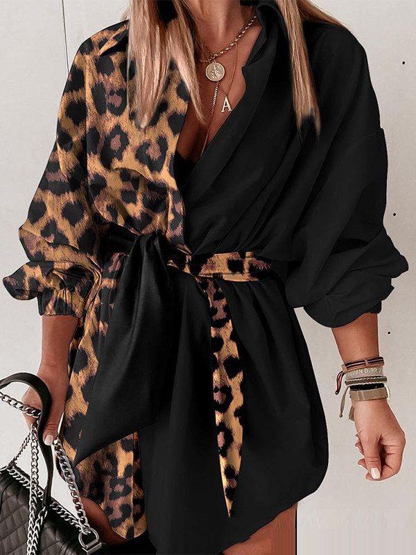 Long Sleeves Loose Asymmetric Elasticity Leopard Tied Waist Lapel Mini Dresses Shirt Dress