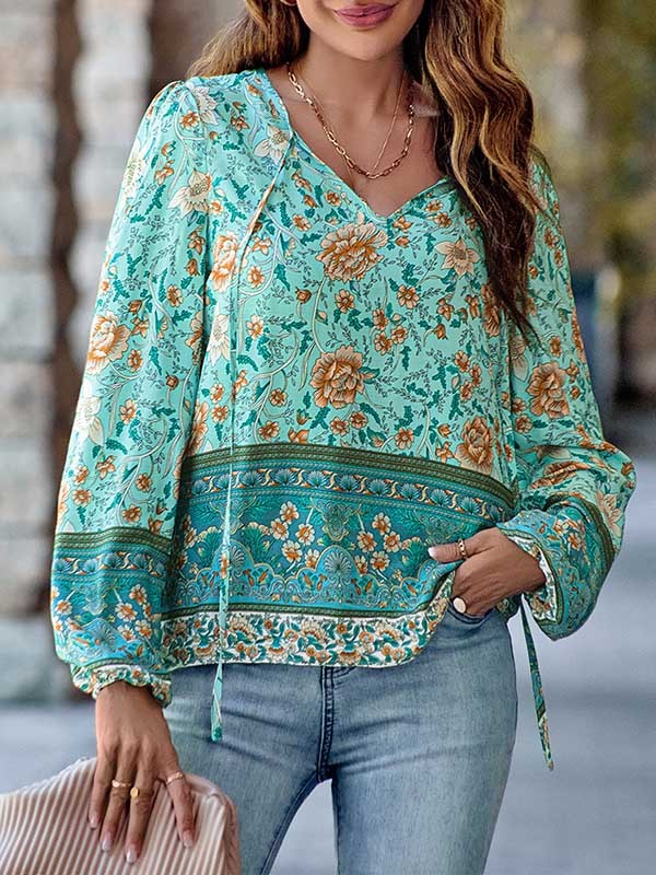 Long Sleeves Loose Elasticity Flower Print Tied V-Neck Blouses&Shirts Tops