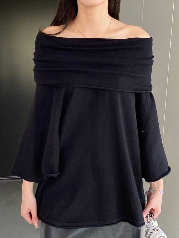 Batwing Sleeves Flared Sleeves Solid Color Off-the-shoulder Knit Top