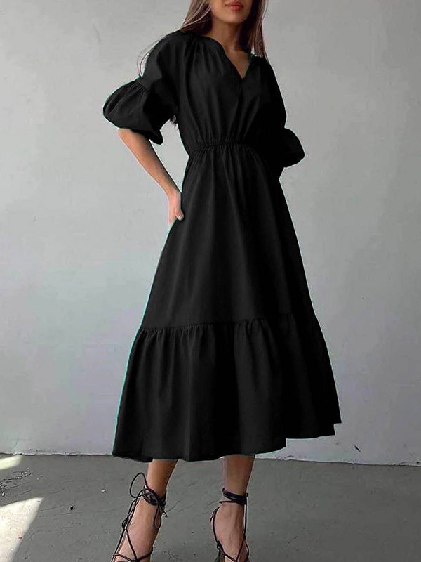 Temperament Pleated Slim Elegant Solid Color V Neck Midi Dress main image 1