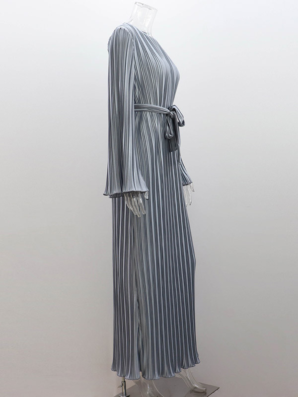 Long flared sleeve solid v neck ruched maxi dress