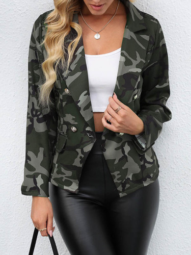 Long Sleeves Loose Buttoned Camouflage Pockets Notched Collar Blazer Outerwear