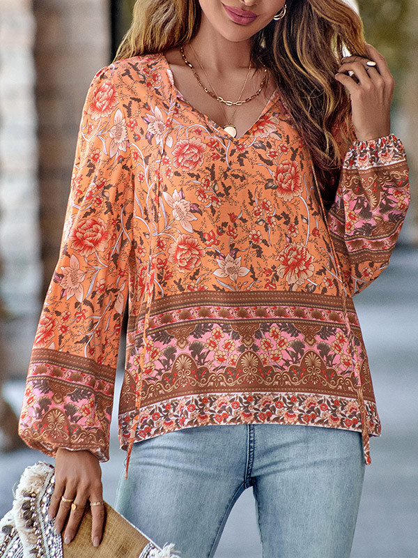 Long Sleeves Loose Elasticity Flower Print Tied V-Neck Blouses&Shirts Tops