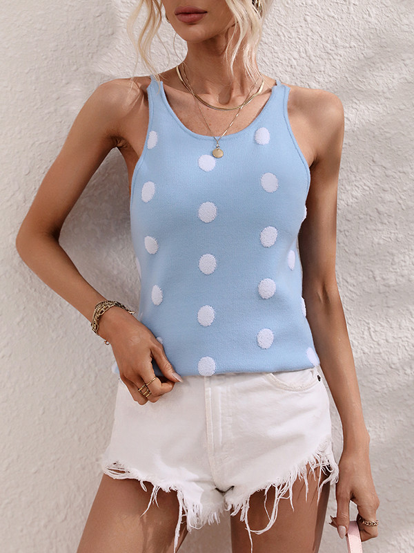 High-Low Sleeveless Hollow Polka-Dot Round-Neck Vest Top