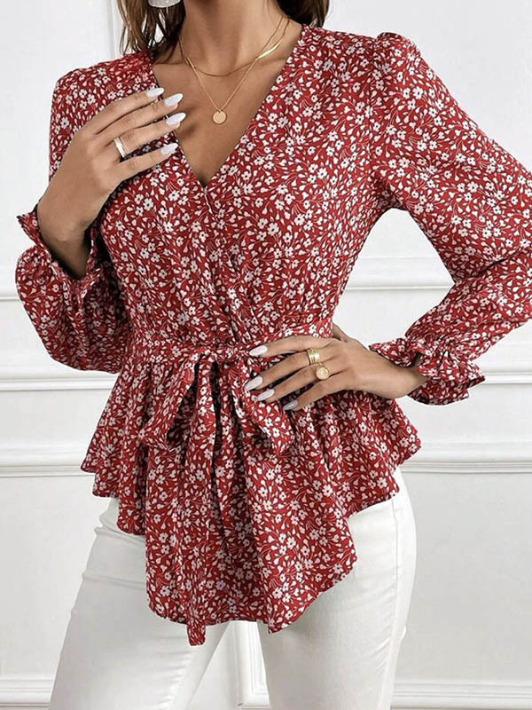 Flared Sleeves Long Sleeves Flower Print Tied Waist V-Neck Blouses&Shirts Tops
