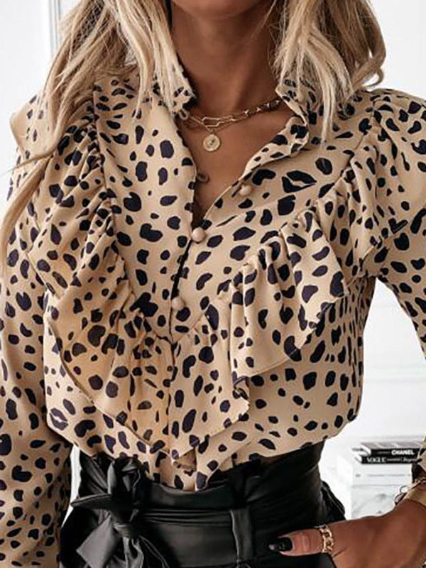 Long Sleeves Loose Buttoned Leopard Pleated Ruffled V-Neck Blouses&Shirts Tops