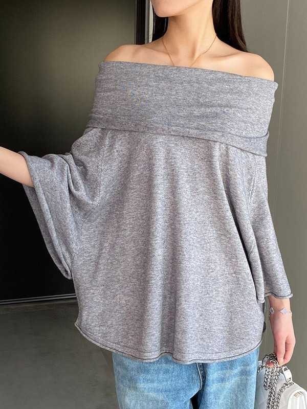 Batwing Sleeves Flared Sleeves Solid Color Off-the-shoulder Knit Top