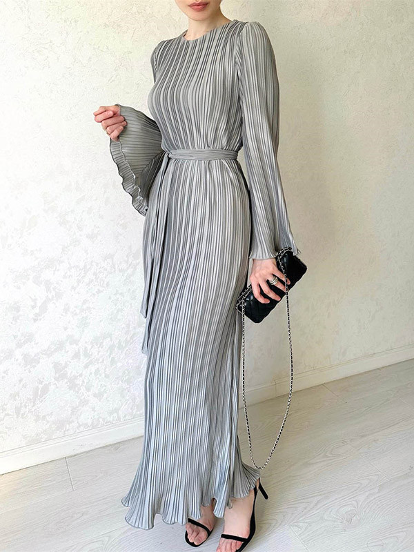 Flared Sleeves Long Sleeves Pleated Solid Color Round-Neck Maxi Dresses