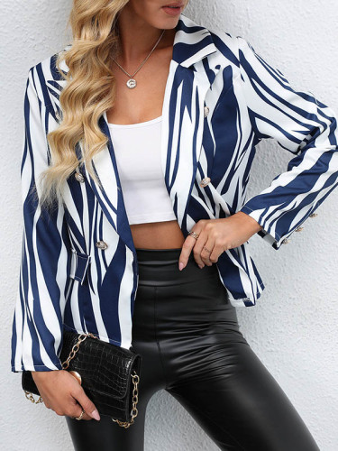Long Sleeves Loose Buttoned Pockets Zebra-Stripe Notched Collar Blazer Outerwear