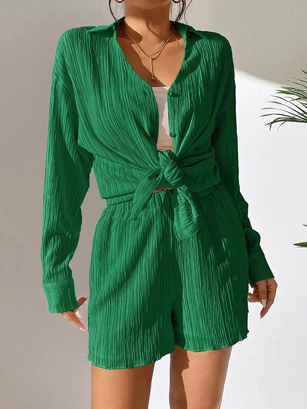 Long Sleeves Loose Buttoned Pleated Solid Color Lapel Shirts Top + Elasticity Shorts Bottom Two Pieces Set