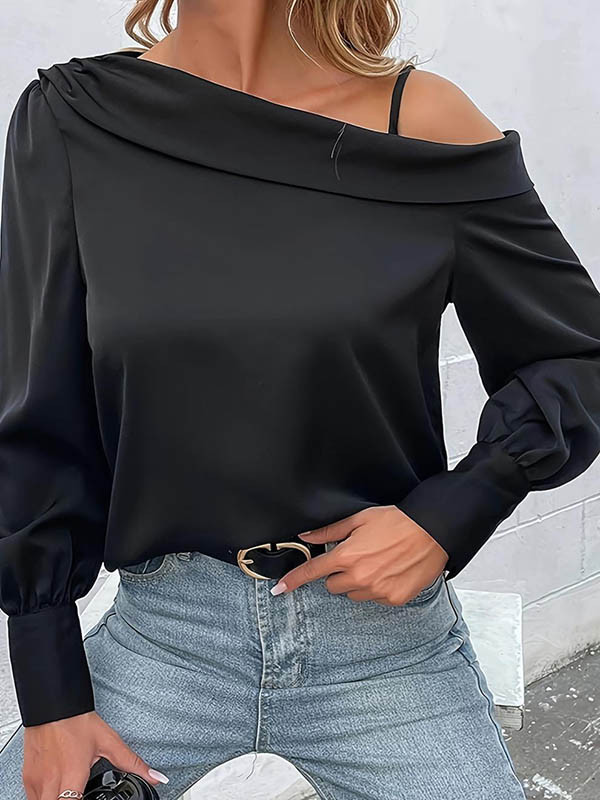 Long Sleeves Loose Asymmetric Solid Color One-Shoulder T-Shirts Tops