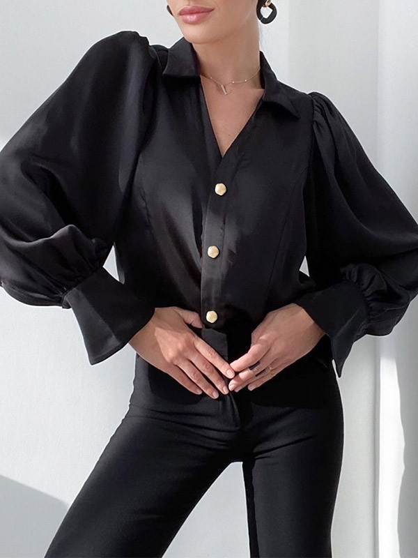 Long Sleeves Loose Buttoned Solid Color Lapel Blouses&Shirts Tops