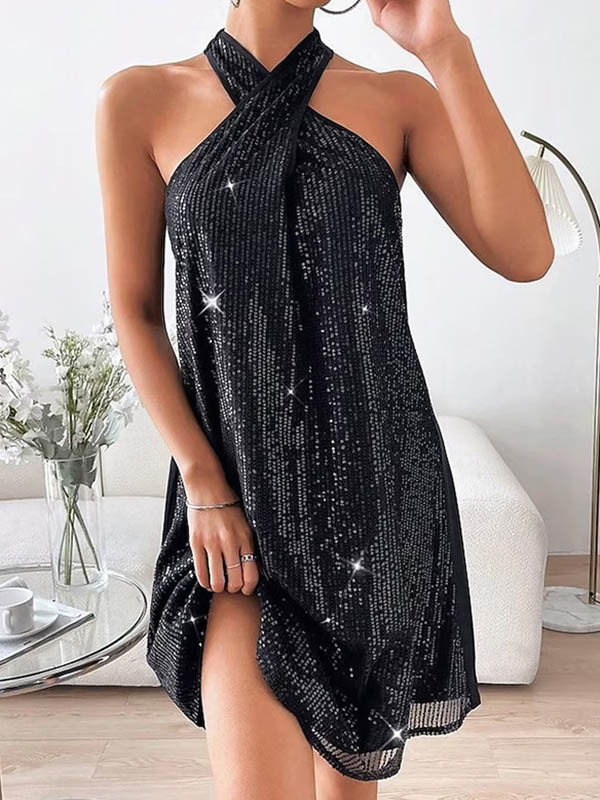 A-Line Loose Hollow Sequined Solid Color Halter-Neck Mini Dresses