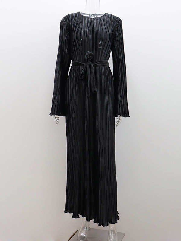 Short Sleeves Pleated Solid Color Tied Waist Round-Neck Maxi Dresses