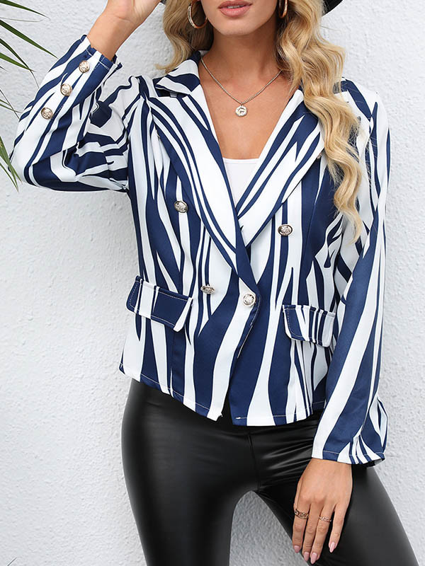 Long Sleeves Loose Buttoned Pockets Zebra-Stripe Notched Collar Blazer Outerwear