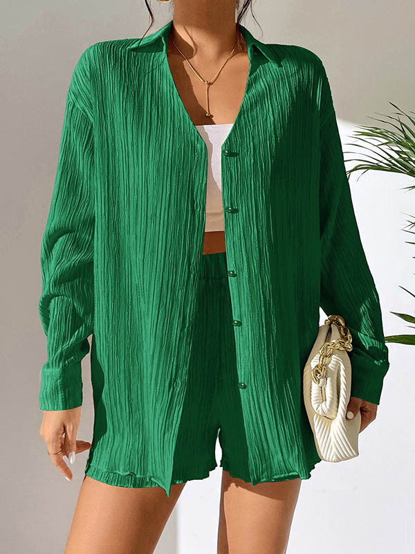Long Sleeves Loose Buttoned Pleated Solid Color Lapel Shirts Top + Elasticity Shorts Bottom Two Pieces Set