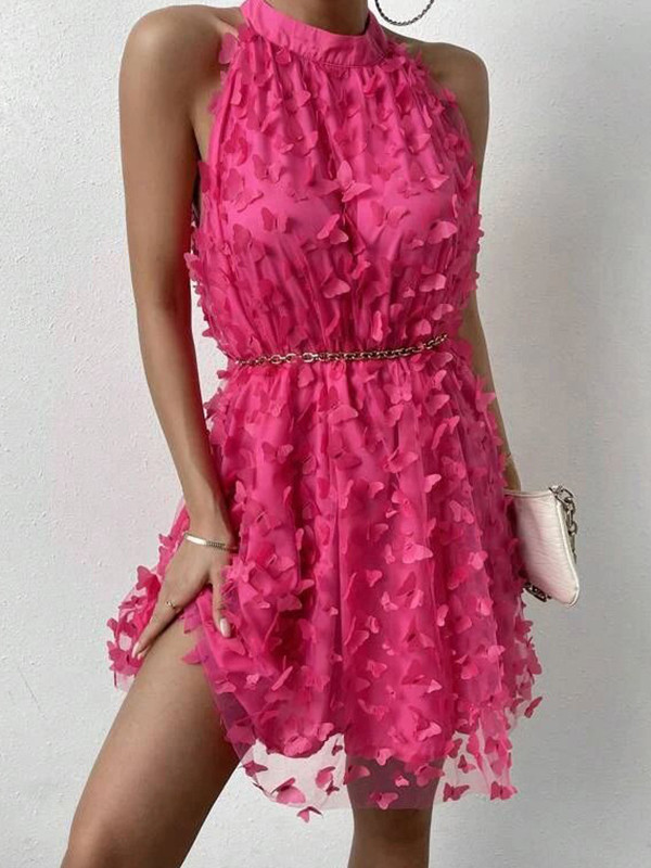 Loose Sleeveless Jacquard Pleated Solid Color Split-Joint Stand Collar Mini Dresses