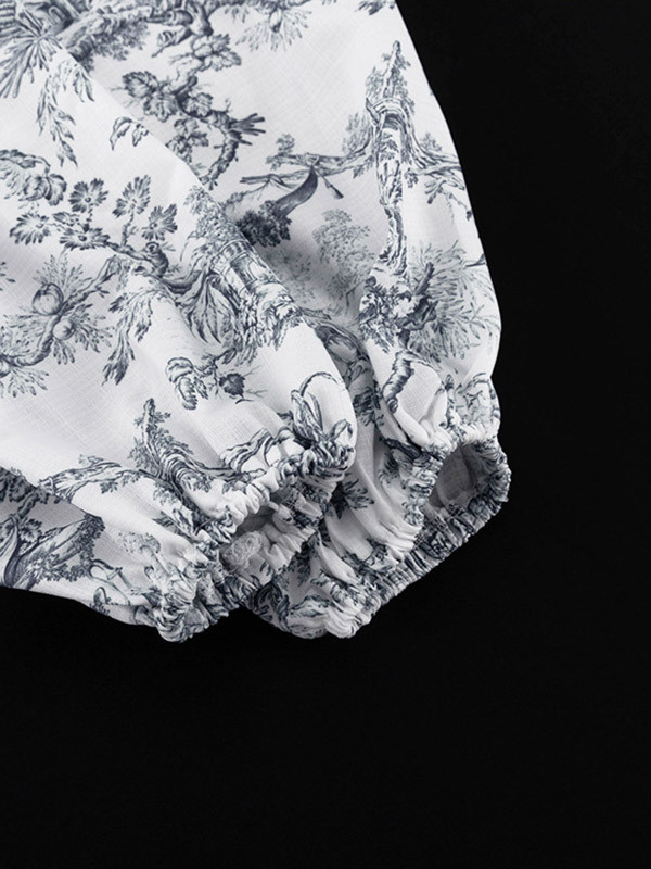 Loose Puff Sleeves Pleated Printed Split-Joint Tied Waist Stand Collar Mini Dresses