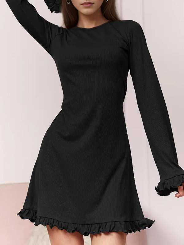 A-Line Flared Sleeves Ruffled Solid Color Round-Neck Mini Dresses