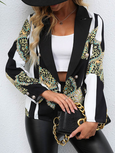 Long Sleeves Loose Buttoned Pockets Printed Notched Collar Blazer Outerwear