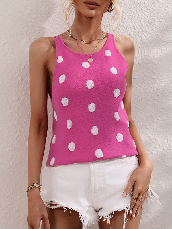 High-Low Sleeveless Hollow Polka-Dot Round-Neck Vest Top
