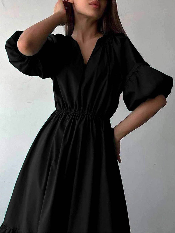 A-Line Half Sleeves Elasticity Pleated Solid Color V-Neck Midi Dresses