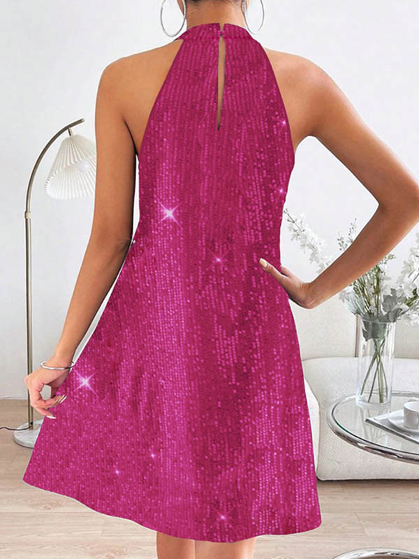 A-Line Loose Hollow Sequined Solid Color Halter-Neck Mini Dresses