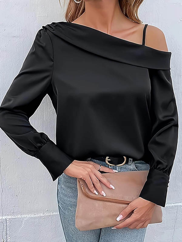 Long Sleeves Loose Asymmetric Solid Color One-Shoulder T-Shirts Tops