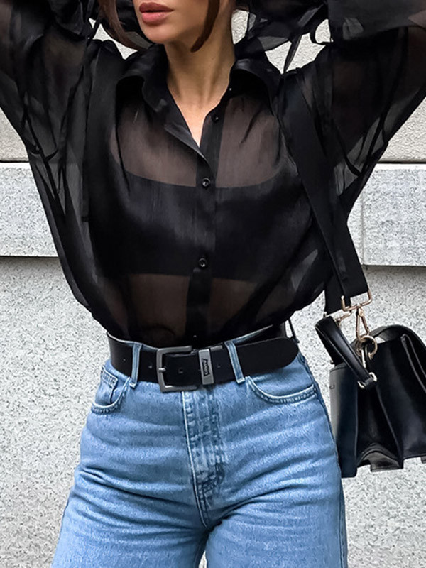 Long Sleeves Loose Buttoned See-Through Solid Color Lapel Blouses&Shirts Tops