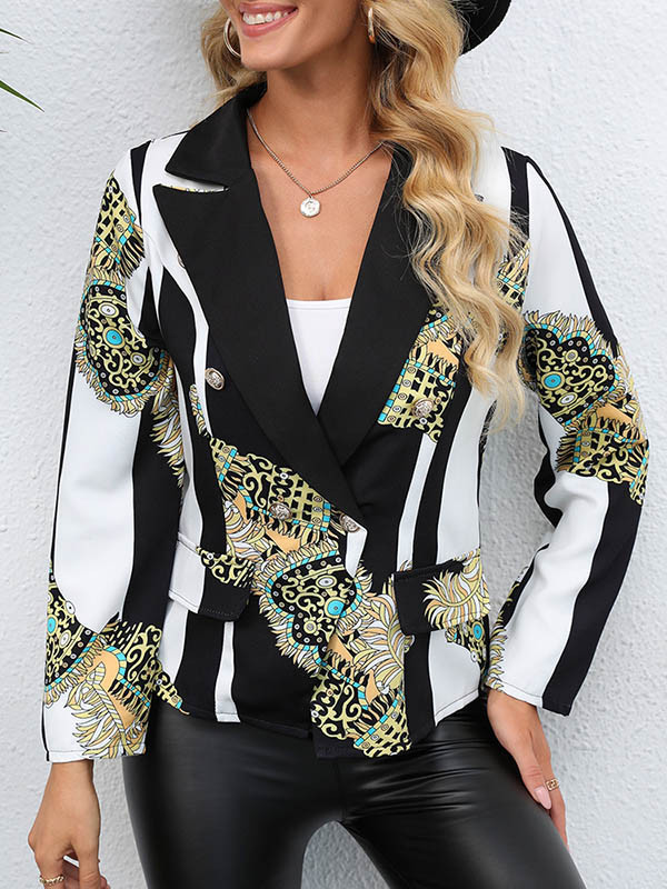 Long Sleeves Loose Buttoned Pockets Printed Notched Collar Blazer Outerwear