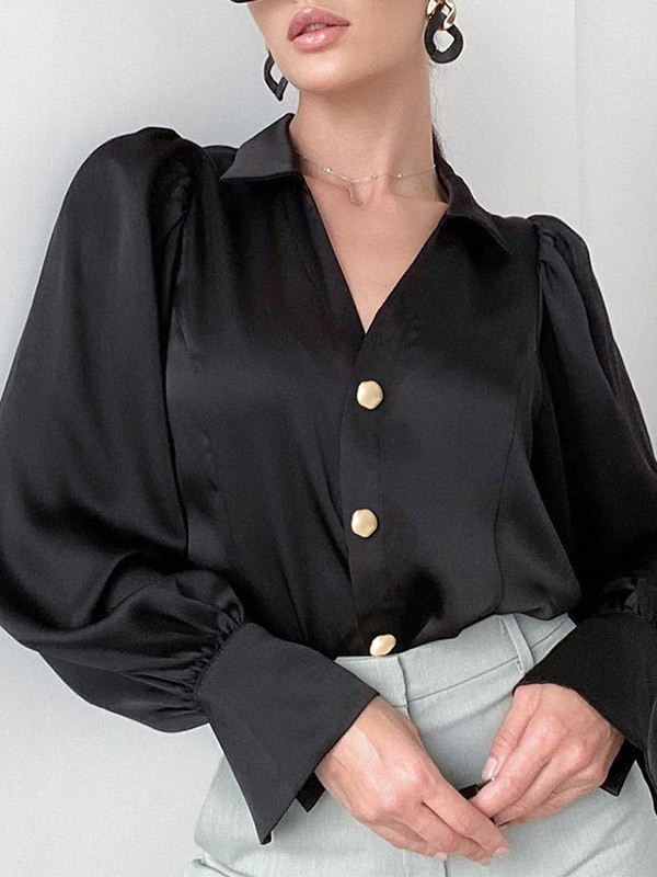 Long Sleeves Loose Buttoned Solid Color Lapel Blouses&Shirts Tops