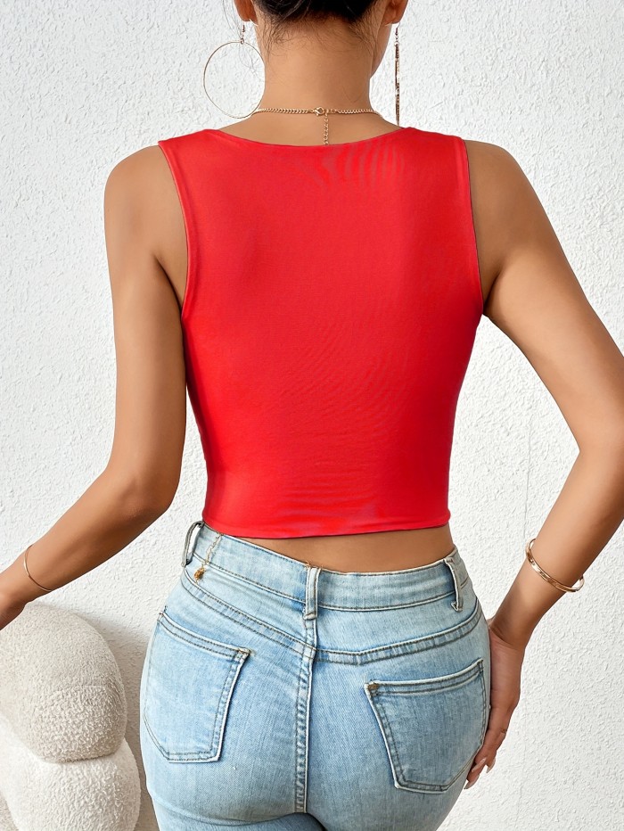 Square Neck Crop Tank Top, Solid Casual Top For Summer & Spring, Women's Clothing
