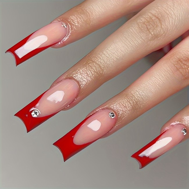 24pcs Square Press On Nails Long Red French Tip Fake Nails With Rhinestone Design Glossy Acrylic Nails Nude Pinkish Full Cover Glue On Nails For Women Girls Manicure Decorations