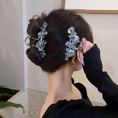 1pc, Vintage Large Hair Claw - Premium Ink Style Flower Clip for Women and Girls - Princess Style Hair Accessory - Ideal Valentine's Day Gift