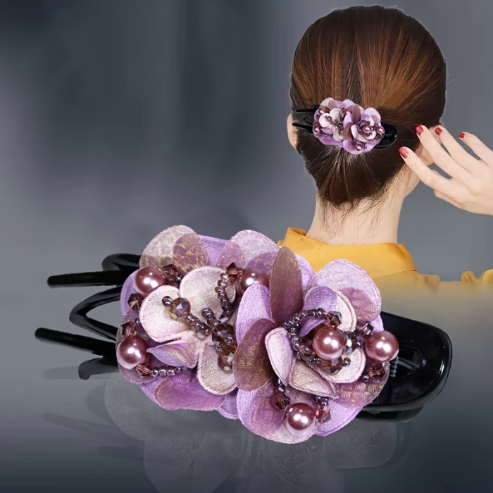 Flower Faux Pearls Decor Hair Clip For Women, Flower Duckbill Clip Hairpin Non-Slip Hair Decoration Clips