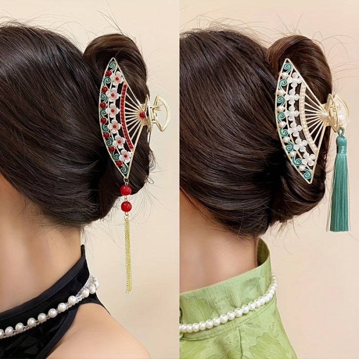 1pc Chinese Style Tassel Fan Hair Claw Clip with Faux Pearl Decor - Women's Hair Accessory