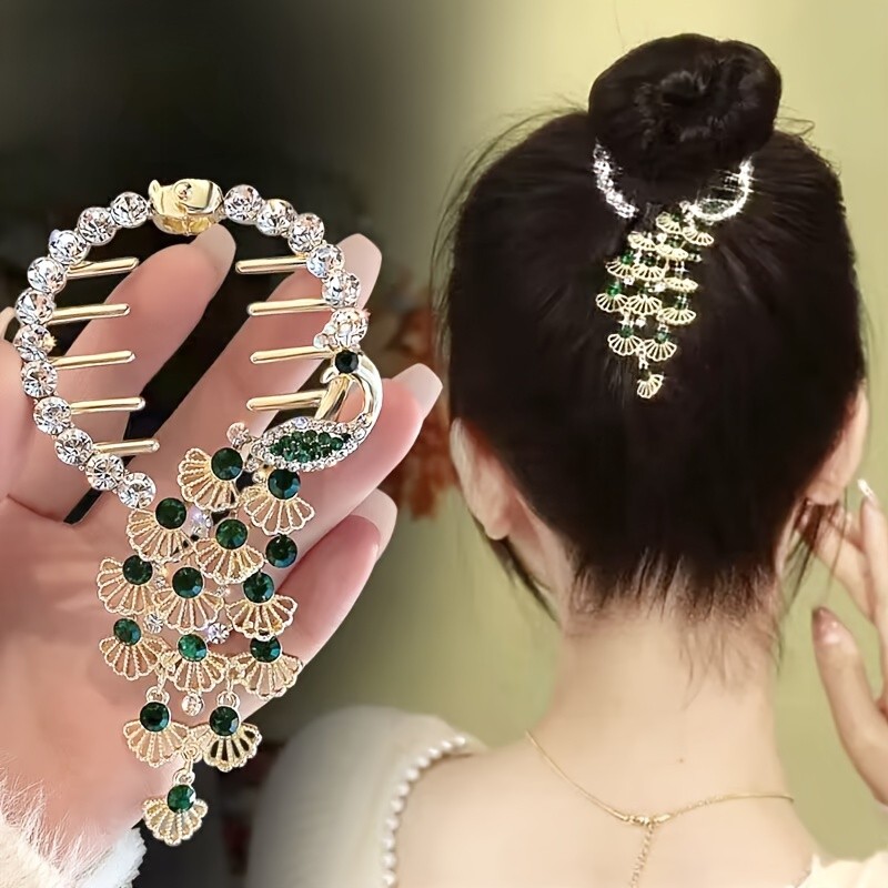 Vintage Luxury Peacock Tassel Ponytail Buckle Clip - Rhinestone Metal Hairpin with Faux Pearl Design - Women's Hair Accessories