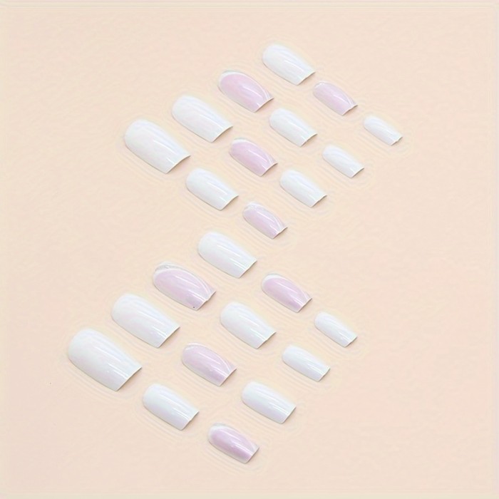 Milk White Solid Color False Nails Romantic Pinkish Press On Nails With Slivery Glitter Stripe Design, Gentle Medium Ballet Shaped Fake Nails