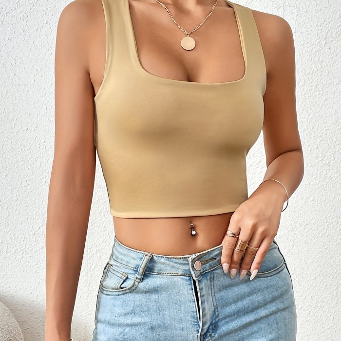 Square Neck Crop Tank Top, Solid Casual Top For Summer & Spring, Women's Clothing